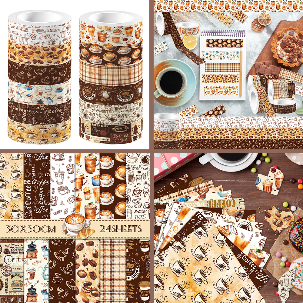 Washi Tape Set - Vintage Coffee Pattern Washi Tape and